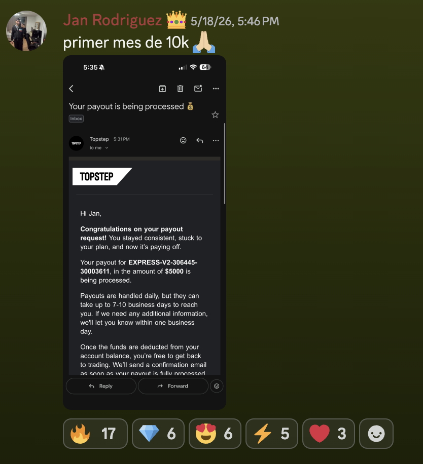 Testimonio en Discord: Jan comparte un payout de $5,000.