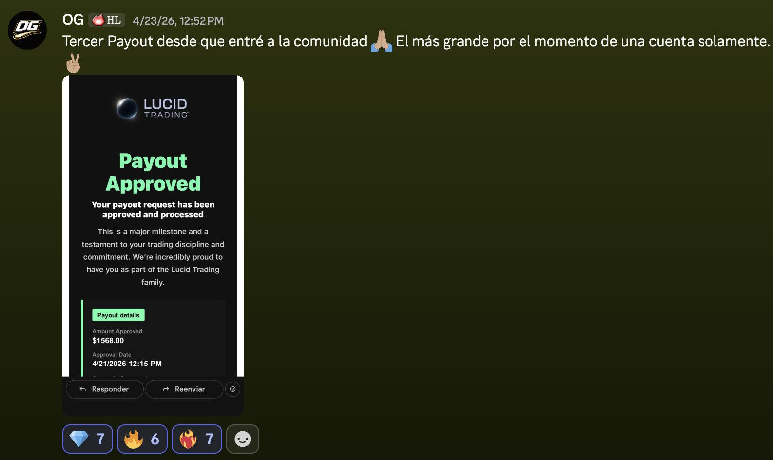 Testimonio en Discord: Lucid comparte un payout de $1,568.