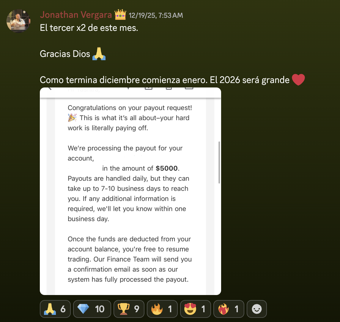 Testimonio en Discord: Jonathan comparte un payout de $5,000.